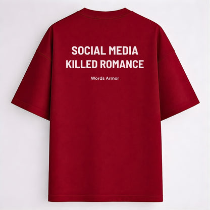 Words Armor Social Media Killed Romance Quote Red Oversized T-Shirt Back View Main Image