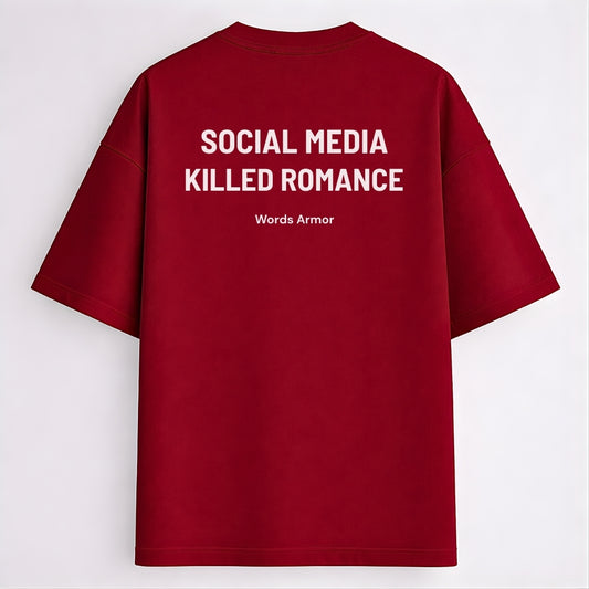 Words Armor Social Media Killed Romance Quote Red Oversized T-Shirt Back View Main Image