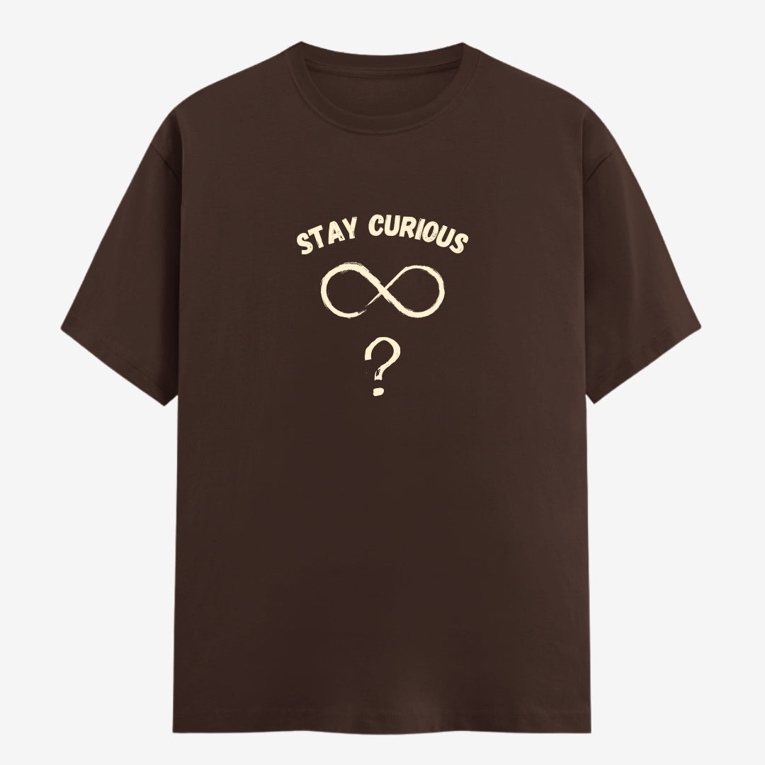 Words Armor Coffee Brown Stay Curious Quote Graphic Classic Half Sleeve T-Shirt featuring a minimalist infinity symbol and question mark design on premium cotton fabric.