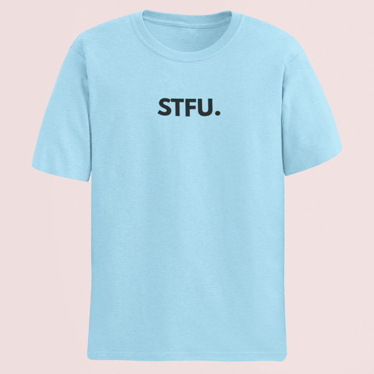 Light blue t-shirt with 'STFU.' text on a pink background wordsarmor