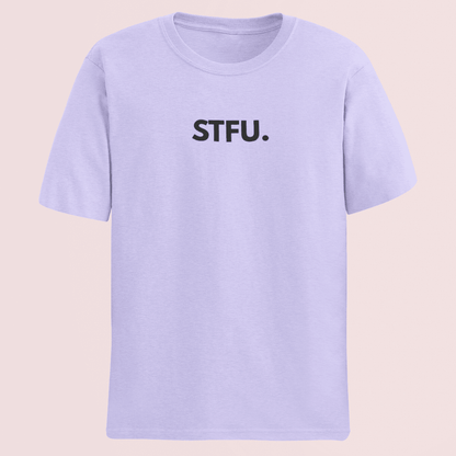 Light purple lavender t-shirt with 'STFU.' text on a beige background wordsarmor