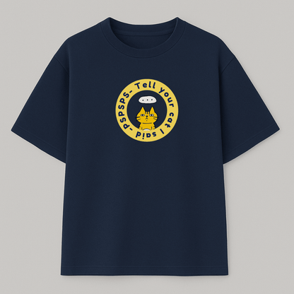 Navy blue meme t-shirt with yellow graphic design on a gray background wordsarmor