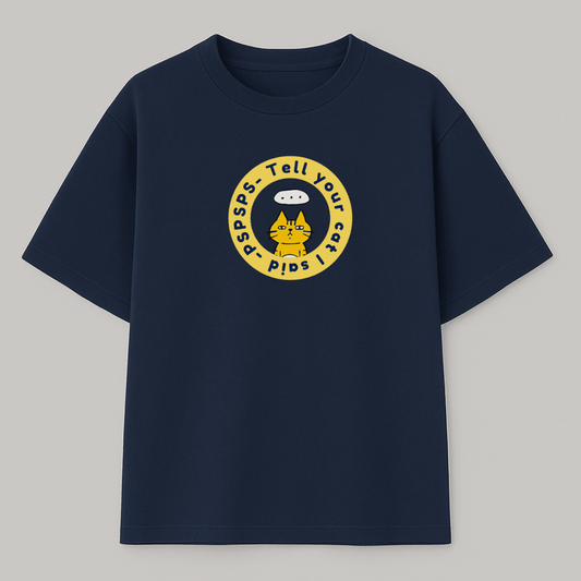 Navy blue meme t-shirt with yellow graphic design on a gray background wordsarmor