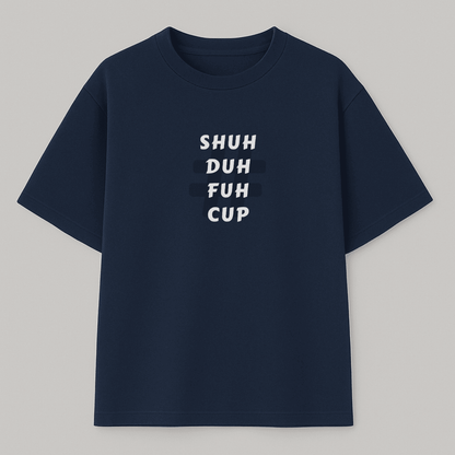 Navy blue t-shirt with white text on a gray background wordsarmor