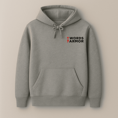 Words Armor Graphic Hoodie front view men & women.