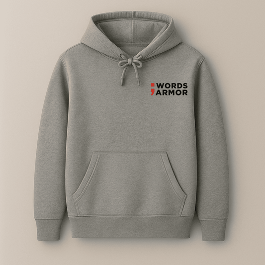 Words Armor Graphic Hoodie front view men & women.