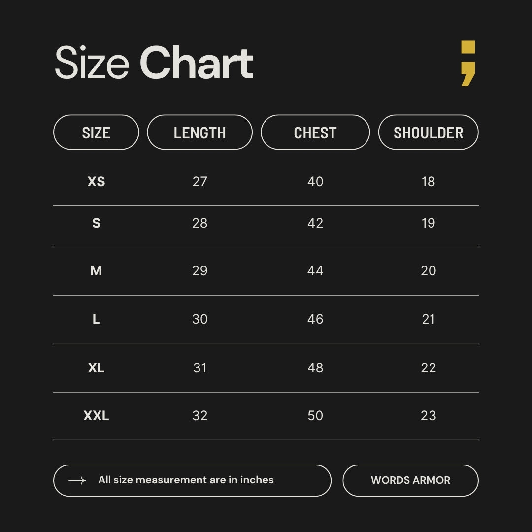 Words Armor oversized T-shirt size guide with chest and length measurements