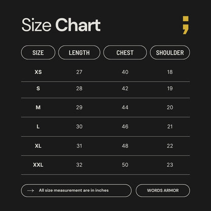 Words Armor oversized T-shirt size guide with chest and length measurements